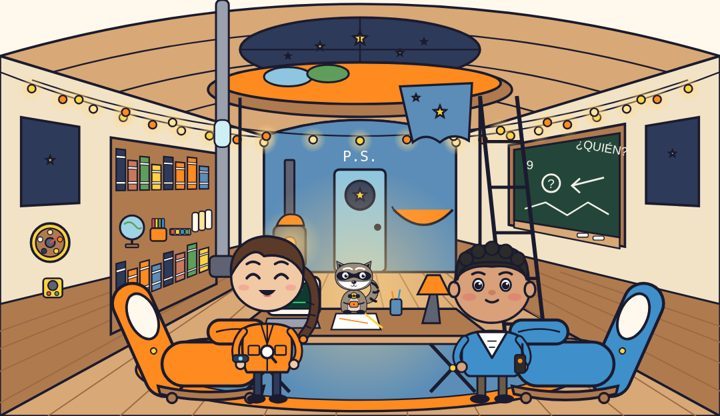 El vagón 9, cuartel secreto del club de detectives, en modo luz: Zoe y Bruno en la pizarra