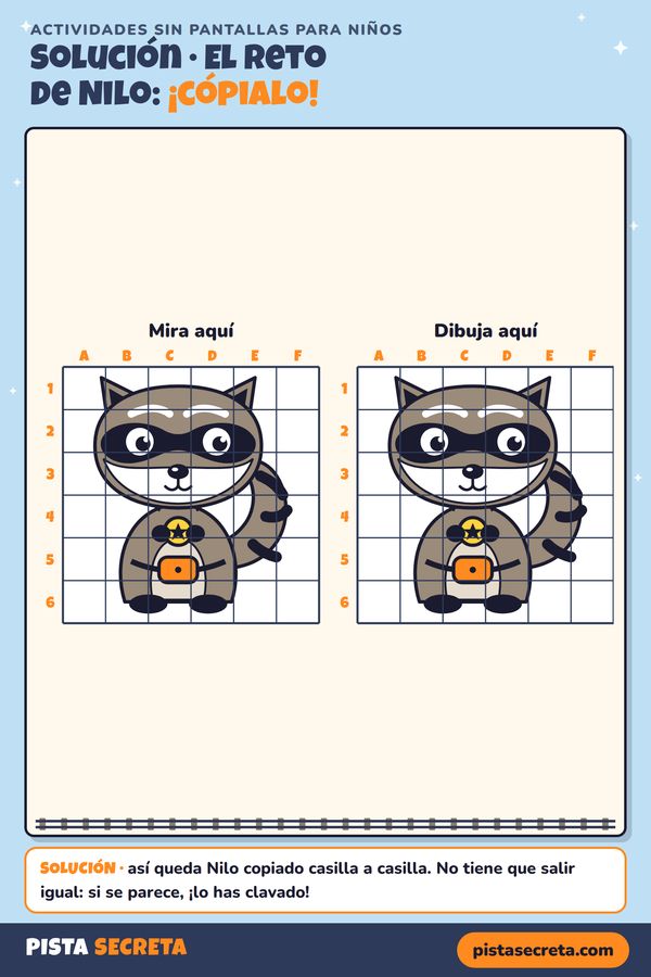 Solución del dibujo con cuadrícula: el mapache Nilo completo en las dos cuadrículas, para comparar casilla a casilla