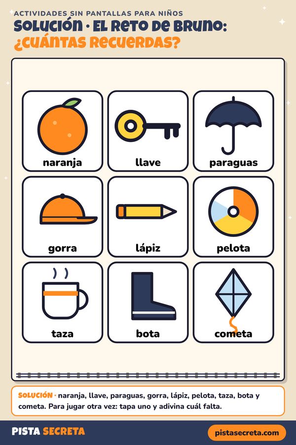 Solución del juego de memoria: los 9 dibujos son naranja, llave, paraguas, gorra, lápiz, pelota, taza, bota y cometa